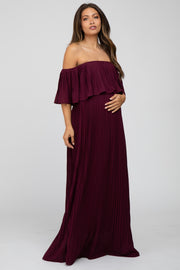 Burgundy Chiffon Pleated Off Shoulder Maternity Maxi Dress