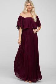 Burgundy Pink Chiffon Pleated Off Shoulder Maxi Dress