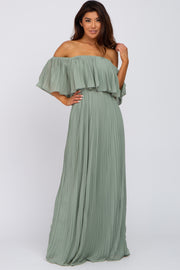 Light Olive Chiffon Pleated Off Shoulder Maxi Dress