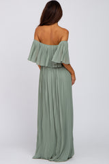 Light Olive Chiffon Pleated Off Shoulder Maxi Dress