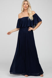 Navy Chiffon Pleated Off Shoulder Maxi Dress