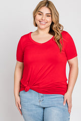 Red V-Neck Short Sleeve Plus Top