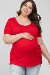 Red V-Neck Short Sleeve Maternity Plus Top