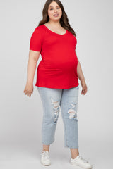 Red V-Neck Short Sleeve Maternity Plus Top