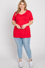 Red V-Neck Short Sleeve Plus Top