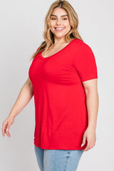 Red V-Neck Short Sleeve Plus Top