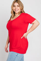 Red V-Neck Short Sleeve Plus Top