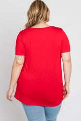 Red V-Neck Short Sleeve Plus Top