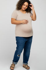 Taupe V-Neck Short Sleeve Maternity Plus Top