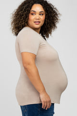 Taupe V-Neck Short Sleeve Maternity Plus Top