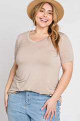 Taupe V-Neck Short Sleeve Maternity Plus Top