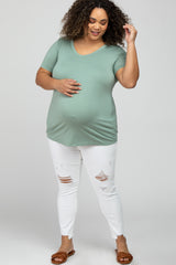 Mint Green V-Neck Short Sleeve Maternity Plus Top