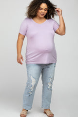 Lavender V-Neck Short Sleeve Maternity Plus Top