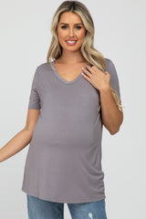 Grey V-Neck Short Sleeve Maternity Top