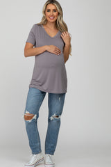 Grey V-Neck Short Sleeve Maternity Top