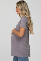 Grey V-Neck Short Sleeve Maternity Top