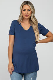 Blue V-Neck Short Sleeve Maternity Top