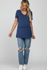 Blue V-Neck Short Sleeve Maternity Top