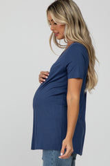 Blue V-Neck Short Sleeve Maternity Top