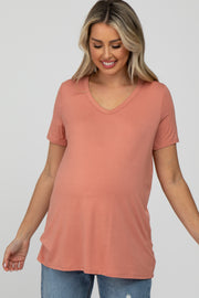 Peach V-Neck Short Sleeve Maternity Top