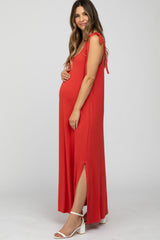 Rust Tie Strap Side Slit Maternity Maxi Dress