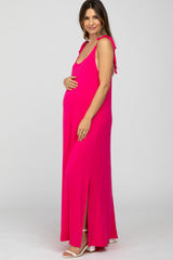 Fuchsia Tie Strap Side Slit Maternity Maxi Dress