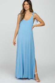 Light Blue Tie Strap Side Slit Maternity Maxi Dress