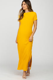 Yellow Ribbed Side Slit Maternity Maxi Dress