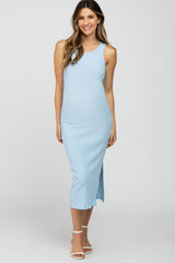 Light Blue Ribbed Maternity Midi Dress