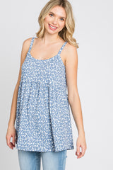 Blue Floral Ribbed Babydoll Top