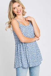 Blue Floral Ribbed Babydoll Top