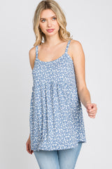 Blue Floral Ribbed Babydoll Top