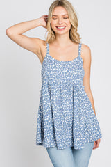 Blue Floral Ribbed Babydoll Top