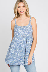 Blue Floral Ribbed Babydoll Top