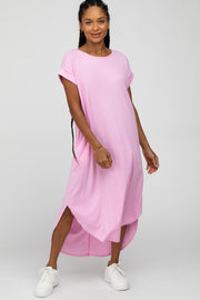 Pink Ribbed Rounded Hi-Low Hem Midi Dress