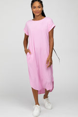 Pink Ribbed Rounded Hi-Low Hem Midi Dress