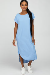 Blue Ribbed Rounded Hi-Low Hem Maternity Midi Dress