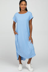 Blue Ribbed Rounded Hi-Low Hem Midi Dress