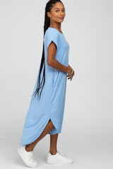 Blue Ribbed Rounded Hi-Low Hem Midi Dress