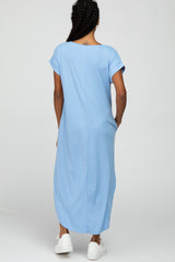 Blue Ribbed Rounded Hi-Low Hem Midi Dress