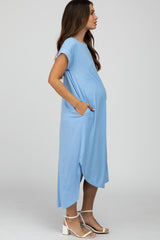 Blue Ribbed Rounded Hi-Low Hem Maternity Midi Dress