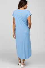 Blue Ribbed Rounded Hi-Low Hem Maternity Midi Dress