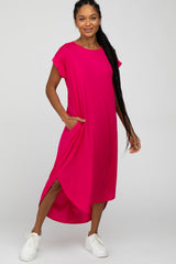 Fuchsia Ribbed Rounded Hi-Low Hem Maternity Midi Dress