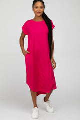 Fuchsia Ribbed Rounded Hi-Low Hem Midi Dress