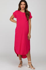 Fuchsia Ribbed Rounded Hi-Low Hem Maternity Midi Dress