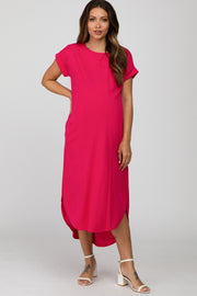 Fuchsia Ribbed Rounded Hi-Low Hem Maternity Midi Dress