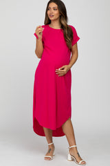 Fuchsia Ribbed Rounded Hi-Low Hem Maternity Midi Dress