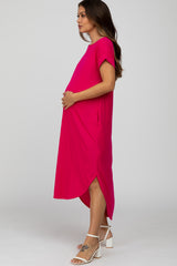 Fuchsia Ribbed Rounded Hi-Low Hem Maternity Midi Dress