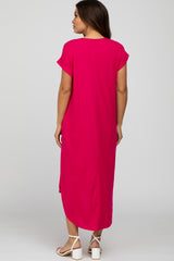 Fuchsia Ribbed Rounded Hi-Low Hem Maternity Midi Dress