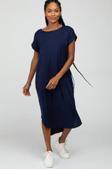 Navy Blue Ribbed Rounded Hi-Low Hem Midi Dress